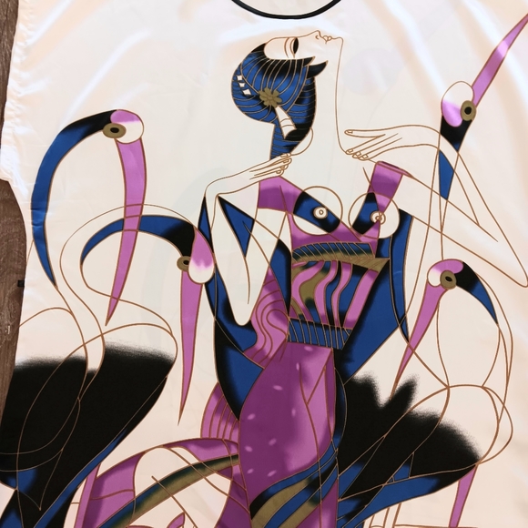 Art Nouveau satin cranes tunic dress. Medium. Ya Ye Er Si. - Picture 9 of 16